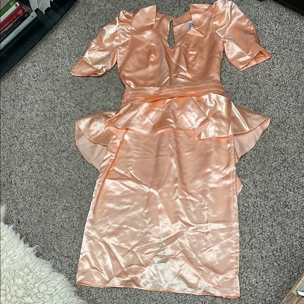 Vintage 80s/90s ruffle skirt open back Peach Satin Dress